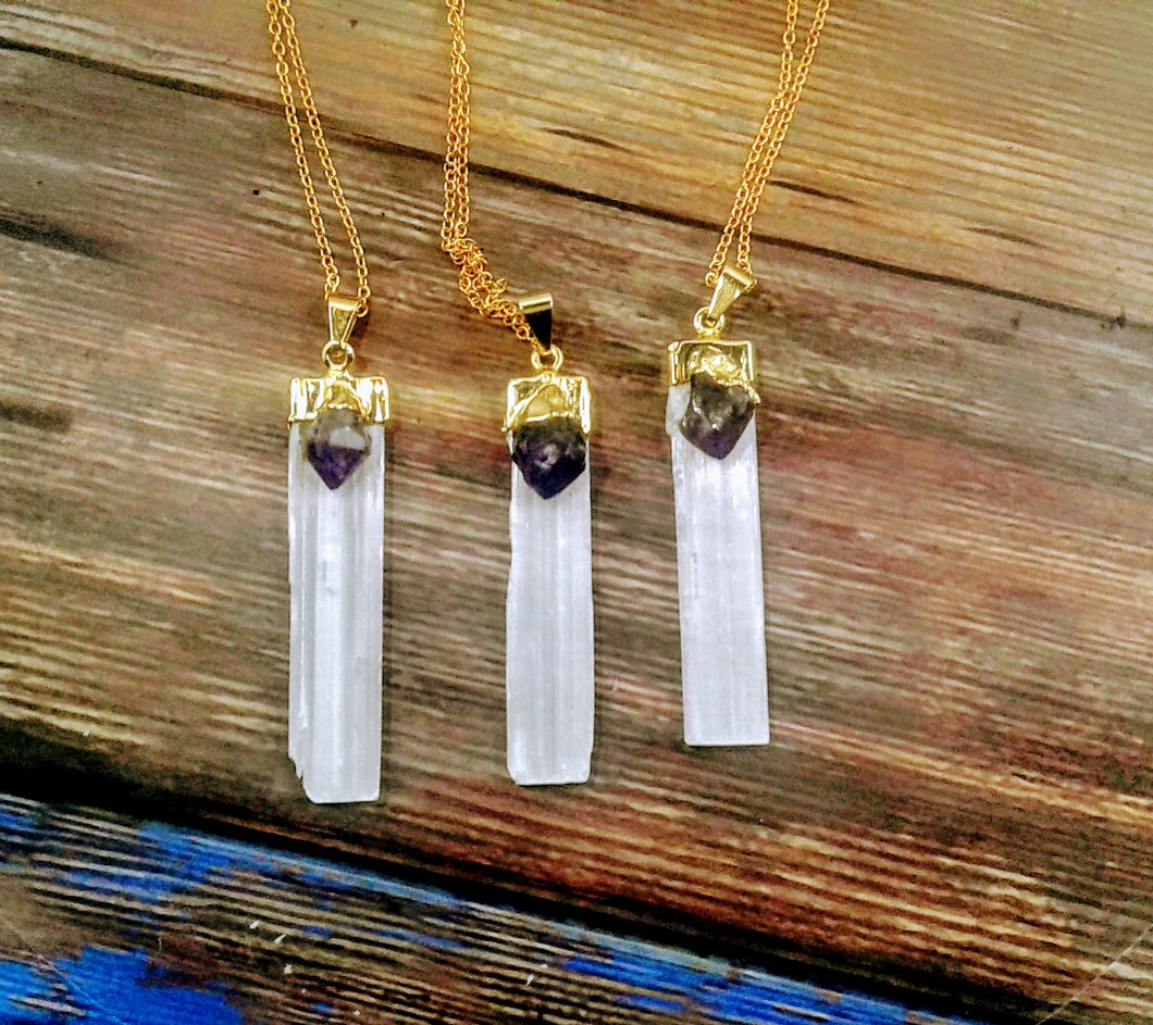 Gold Plated Selenite Crystal Blade With Amethyst Point Necklace