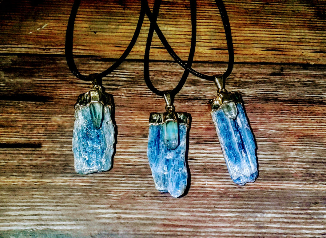 Gold Plated Raw Kyanite Blade with Crystal Quartz Necklace