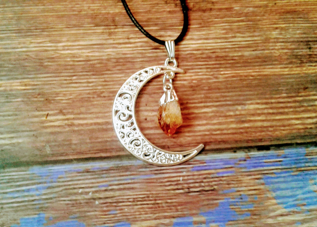 Silver Half moon with Citrine Stone Necklace