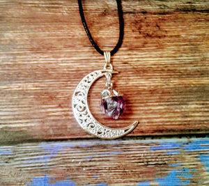 Silver Half moon with Amethyst Stone Necklace