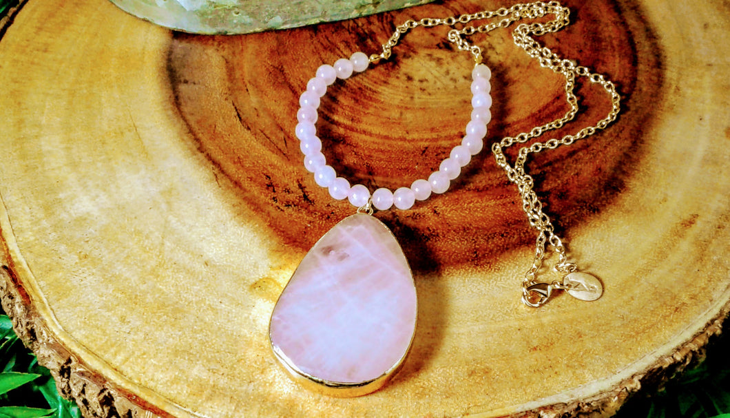 Rose Quartz Beads and Slice Stone Necklace